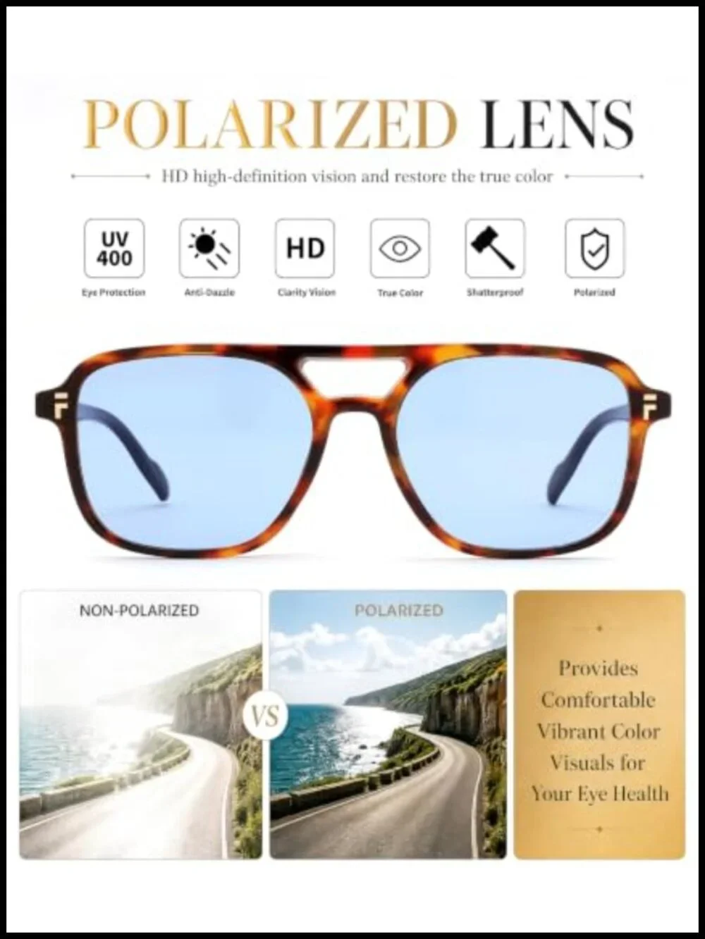 Retro Polarized Aviator Square Sunglasses for Women Men UV400 Double Bridge